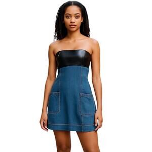 STAUD Serenity Strapless Blue & Black Mini Denim Dress Size 12 NWT